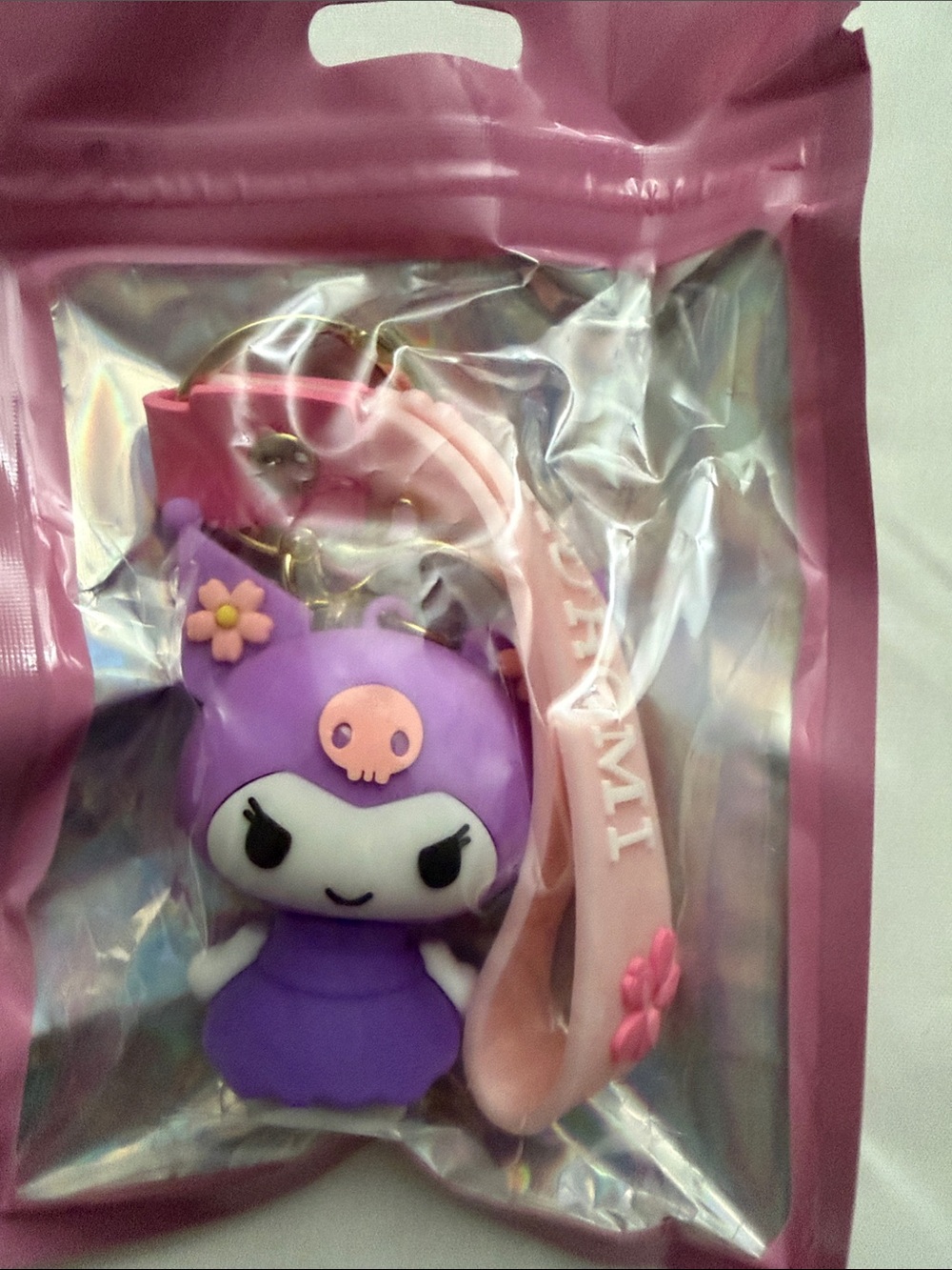 Purple Cartoon Character Keychain for Kids with Pink Strap